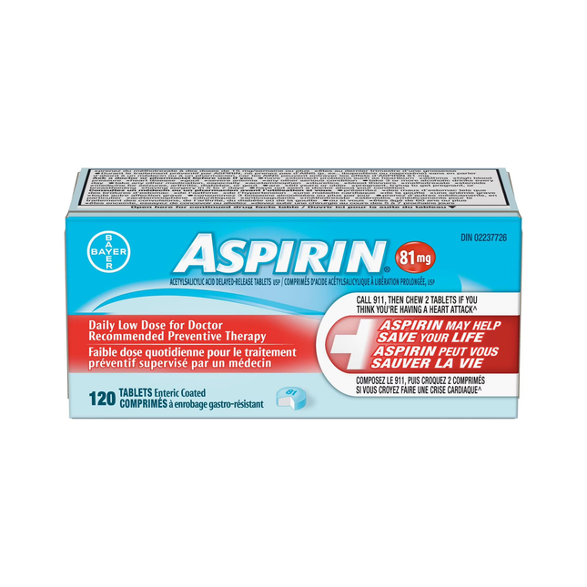 Aspirine – Faible dose quotidienne – 81 mg | 120 comprimés comprimés à enrobage entérique