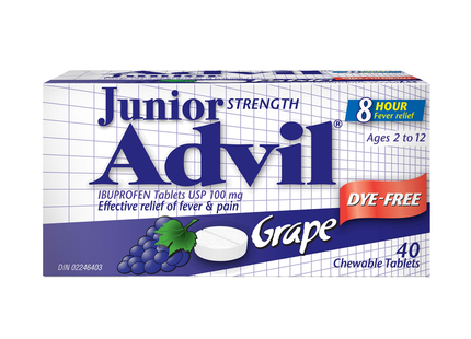 Advil - Comprimés d'ibuprofène USP 100 mg, force junior, saveur raisin | 40 comprimés à croquer
