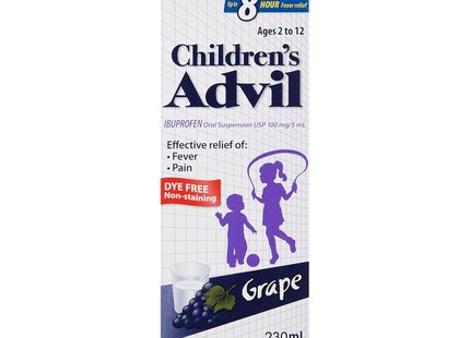 Advil pour enfants - Soulagement de la fièvre Ibuprofène 100 mg/5 ml Pour les enfants de 2 à 12 ans, saveur raisin | 100 à 230 ml