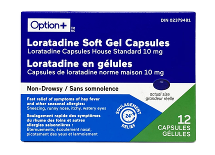Option+ Soulagement des allergies sans somnolence : capsules molles de loratadine | 12 capsules