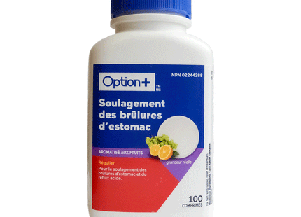 Option+ Comprimés moussants à croquer pour le soulagement des brûlures d'estomac, force régulière, saveur fruitée | 100 comprimés