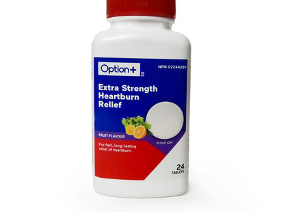 Option+ Extra Strength Soulagement des Brûlures d'Estomac à Croquer, Saveur Fruitée | 24 Comprimés
