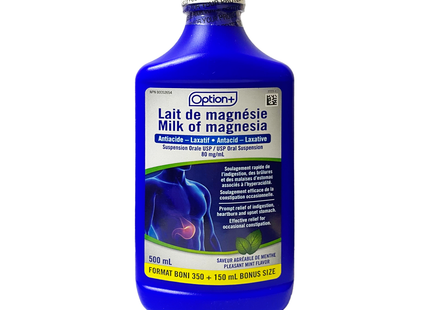 Option+ Lait de Magnésie Antiacide/Laxatif | 500 ml