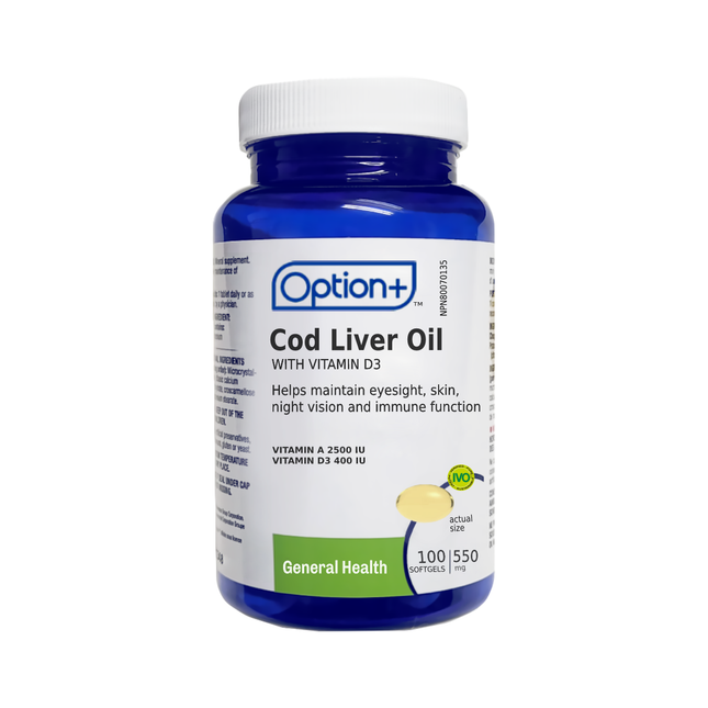 Option+ Cod Liver Oil With Vitamin D3 - 550MG | 100 Softgels