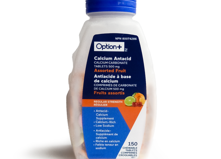 Option+ Calcium Antiacide Fruits Assortis, Concentration Régulière | 150 Comprimés à Croquer