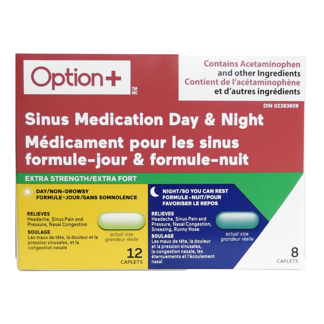 Option+ Médicament extra fort pour les sinus 500 mg jour et nuit | 12 caplets jour + 8 caplets nuit