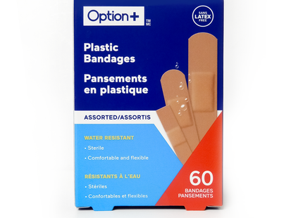 Option+ - Pansements en plastique résistants à l'eau assortis | 60 pansements