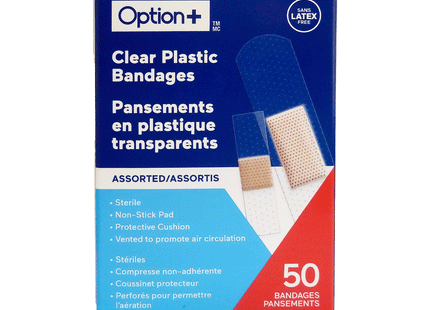 Option+ Pansements en plastique transparent, assortis | 50 pansements