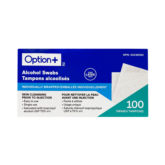Option+ Tampons alcoolisés | 100 écouvillons emballés individuellement