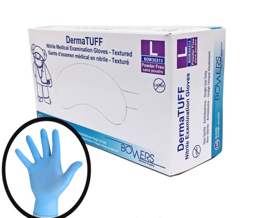 Bowers Medical Supply - DermaTUFF - Gants d'examen en nitrile texturés - Sans latex ni poudre | Taille Grand 100 Gants