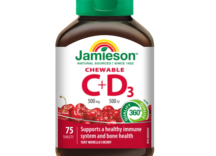Jamieson - Vitamine C à croquer 500 mg + Vitamine D3 500 UI - Tarte aux griottes | 75 comprimés