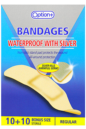 Option+ Waterproof Regular Bandages with Silver | 10 + 10 Bonus Size