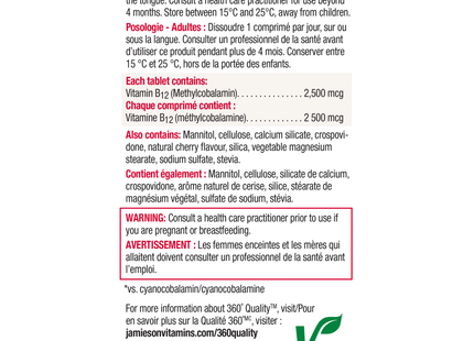 Jamieson - Vitamine B12, 2500 mcg | 60 comprimés sublinguaux