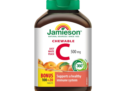 Jamieson - Supplément de vitamine C à croquer 500 mg - Pêche blanche juteuse | 100+20 tablettes bonus