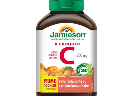 Jamieson - Supplément de vitamine C à croquer 500 mg - Pêche blanche juteuse | 100+20 tablettes bonus