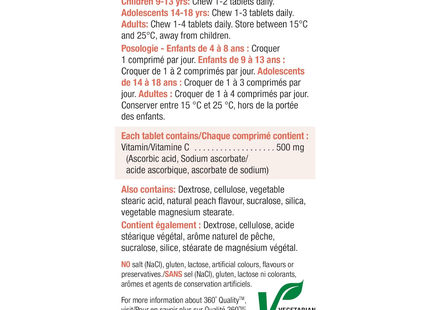 Jamieson - Supplément de vitamine C à croquer 500 mg - Pêche blanche juteuse | 100+20 tablettes bonus