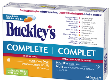 Buckley's - Complet avec gels liquides Daytime Plus Mucus Relief 24H | 12 Gels Liquides Jour + 12 Gels Liquides Nuit