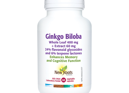 New Roots - Feuille entière de Ginkgo Biloba 400 mg + Extrait 60 mg 24% de glycosides flavonoïdes et 6% de lactones terpéniques | 60 gélules