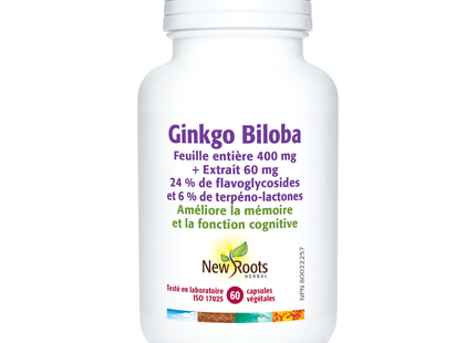 New Roots - Feuille entière de Ginkgo Biloba 400 mg + Extrait 60 mg 24% de glycosides flavonoïdes et 6% de lactones terpéniques | 60 gélules