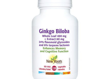 New Roots - Feuille entière de Ginkgo Biloba 400 mg + Extrait 60 mg 24% de glycosides flavonoïdes et 6% de lactones terpéniques | 120 gélules