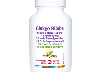 New Roots - Feuille entière de Ginkgo Biloba 400 mg + Extrait 60 mg 24% de glycosides flavonoïdes et 6% de lactones terpéniques | 120 gélules