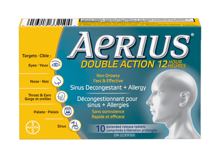 Aerius - Double action 12 heures pour les allergies + soulagement des sinus | 10 comprimés à libération prolongée