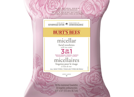 Burt's Bees - Lingettes micellaires visage 3 en 1 à l'eau de rose | 30 lingettes pré-humidifiées