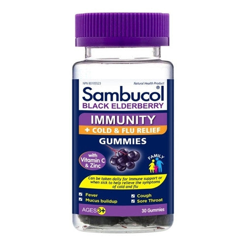 Sambucol Black Elderberry Immunity + Cold & Flu Relief Ages 3+ with Vitamin C and Zinc |  30 Gummies