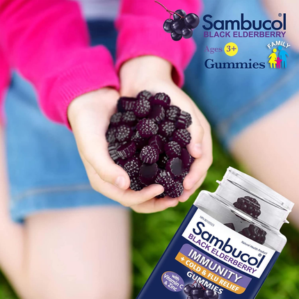 Sambucol Black Elderberry Immunity + Cold & Flu Relief Ages 3+ with Vitamin C and Zinc |  30 Gummies