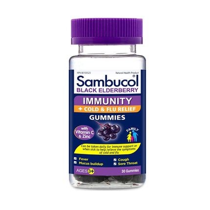 Sambucol Black Elderberry Immunity + Cold & Flu Relief Ages 3+ with Vitamin C and Zinc |  30 Gummies