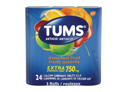 Tums - Antiacide 750 mg extra fort, fruits assortis | 3 rouleaux