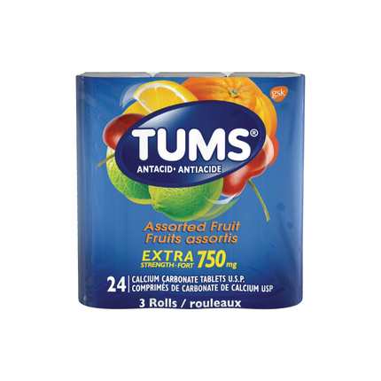 Tums - Antacid 750 mg Extra Strength, Assorted Fruit | 3 Rolls