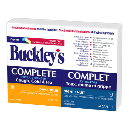 Buckley's - Pack pratique complet extra fort contre la toux, le rhume et la grippe 24 heures | 18 caplets de jour + 6 caplets de nuit