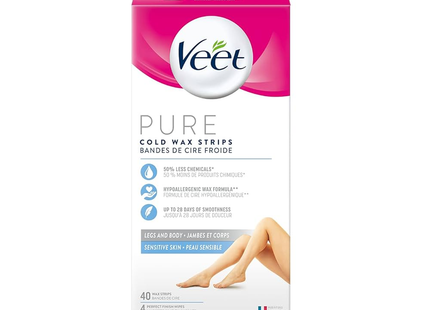 Veet - Pure - Cold Wax Strips for Sensitive Skin Legs & Body | 40 Wax Strips - 4 Perfect Finish Wipes
