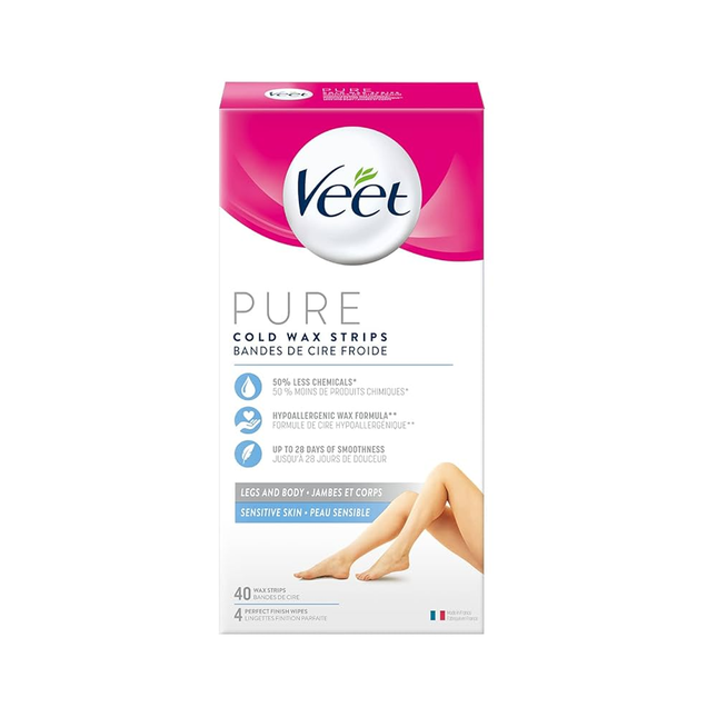 Veet - Pure - Cold Wax Strips for Sensitive Skin Legs & Body | 40 Wax Strips - 4 Perfect Finish Wipes