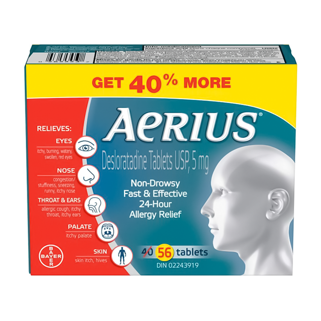 Aerius - Soulagement des allergies 24 heures sans somnolence | 40+16 Comprimés