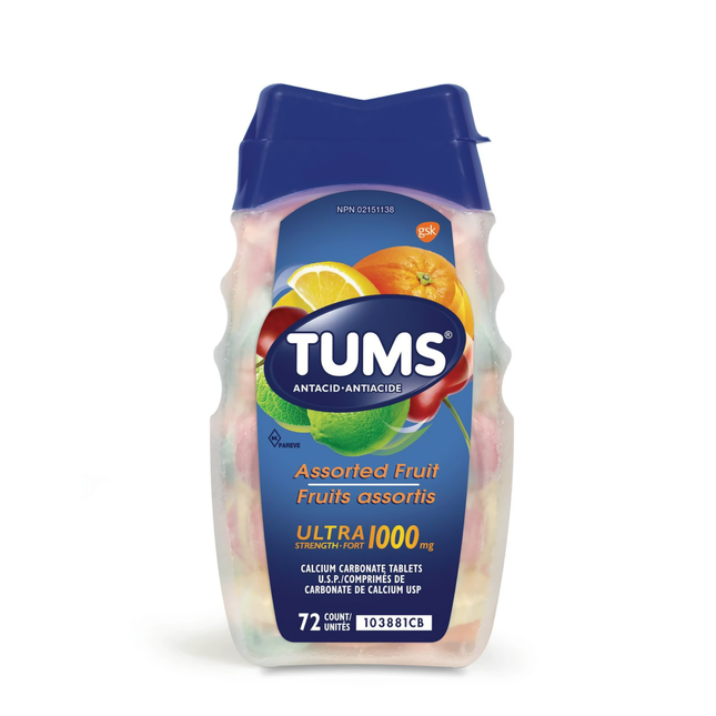 Tums - Comprimés antiacides ultra forts de 1 000 mg - Saveur de fruits assortis | 72 comptes