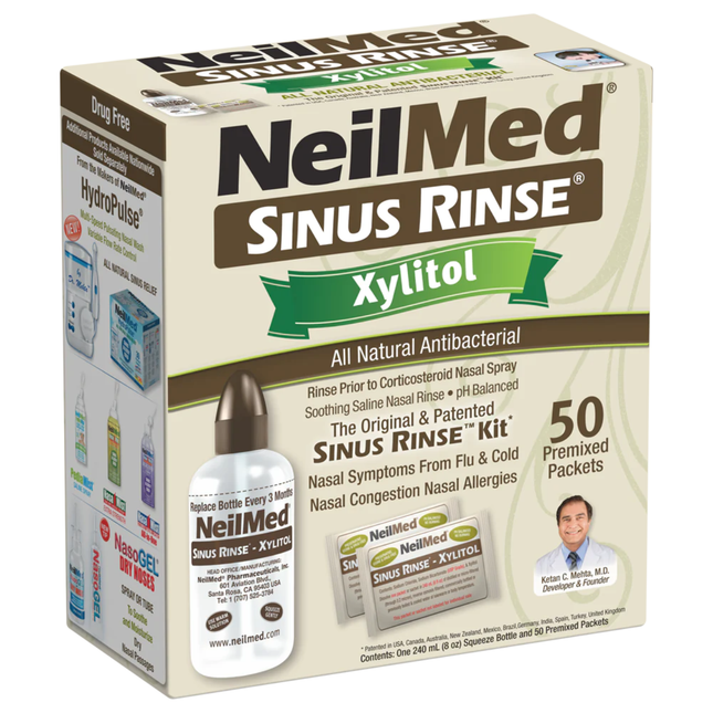 NeilMed - Kit de rinçage des sinus avec xylitol | 1 Flacon de rinçage 240 mL + 50 Sachets Prémélangés