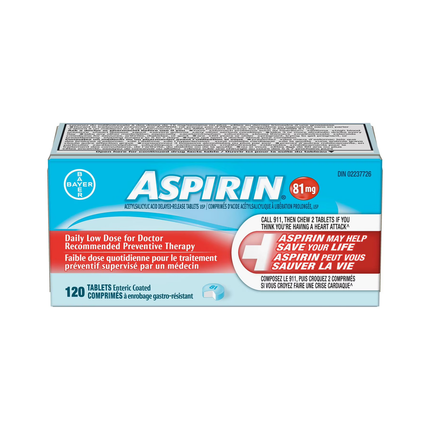 Aspirine – Faible dose quotidienne – 81 mg | 120 comprimés comprimés à enrobage entérique