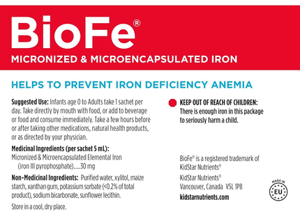 KidStar Nutrients - BioFe Liquid Iron 30mg Carton | 5 mL x 46 Sachets
