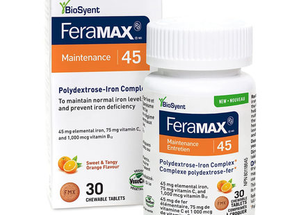 BioSyent - FeraMAX Pd Maintenance 45 Iron Supplement for Prevention of Iron Deficiency - Orange Flavor |  45mg  x 30 Chewable Tablets
