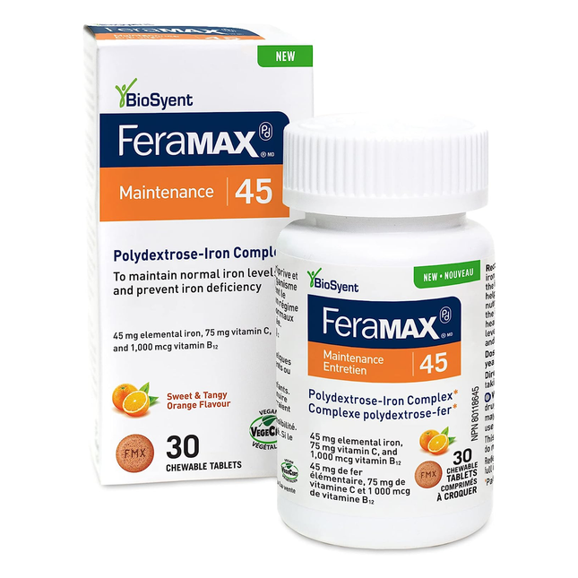 BioSyent - FeraMAX Pd Maintenance 45, supplément de fer pour la prévention des carences en fer, saveur orange | 30 comprimés à croquer