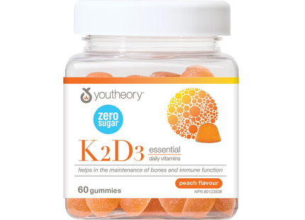 Youtheory - Zero Sugar Vitamin K2+D3 Essential Daily Gummies, Peach | 60 Gummies
