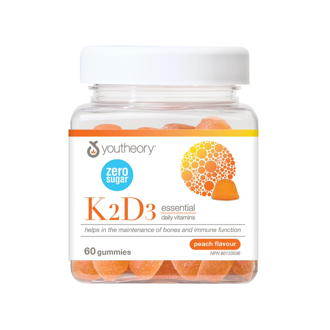 Youtheory - Zero Sugar Vitamin K2+D3 Essential Daily Gummies, Peach | 60 Gummies
