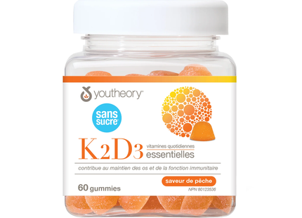 Youtheory - Zero Sugar Vitamin K2+D3 Essential Daily Gummies, Peach | 60 Gummies