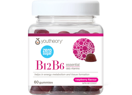 Youtheory - Zero Sugar Vitamin B12+B6 Essential Daily Gummies, Raspberry | 60 Gummies