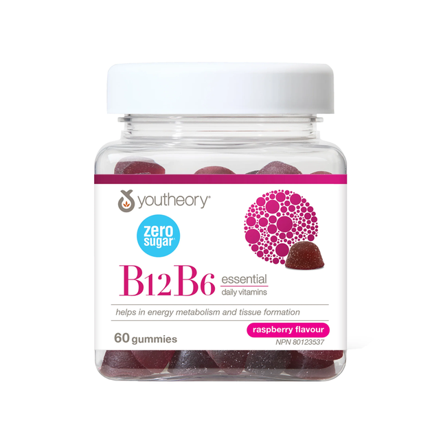 Youtheory - Zero Sugar Vitamin B12+B6 Essential Daily Gummies, Raspberry | 60 Gummies