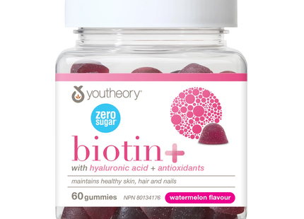 Youtheory - Biotin+ Gummies with Hyaluronic Acid, Watermelon | 60 Gummies