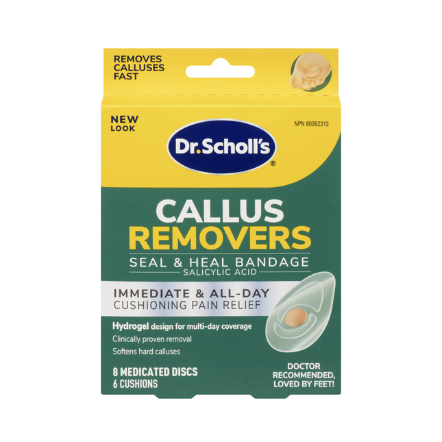 Dr. Scholl's - Éliminateurs de callosités - Traitement à l'acide salicylique pour les callosités - Résistant à l'eau et à la sueur | 8 disques médicamenteux / 6 coussins