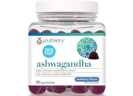 Youtheory - Zero Sugar Ashwagandha Gummies, Blueberry | 60 Gummies